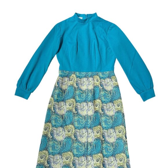 70s vintage mockneck maxi dress long bishop sleeve abstract pattern union made. - Picture 2 of 8